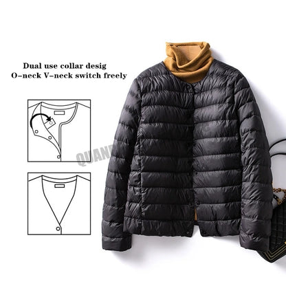 Women Liner Duck Down Jacket O-neck Variable V-neck 2022 New Female Winter Keep Warm Collarless Ultralight Quilted Puffer Coat