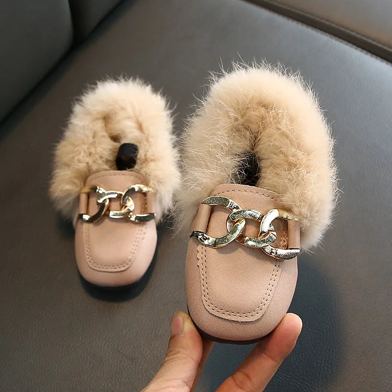 Luxury brand kid fur slippers boot retro antislip cotton shoe boy loafers winter plush kid shoe warm home shoe fashion girl shoe