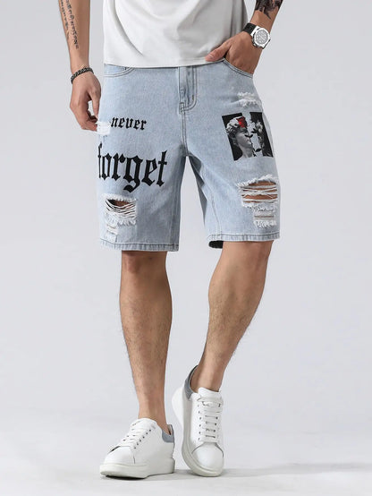 Men Summer Stretchy Denim Shorts Jeans For Men Streetwear Letter Ripped Knee length Baggy Comfort Cargo Casual Shorts Pants Jean