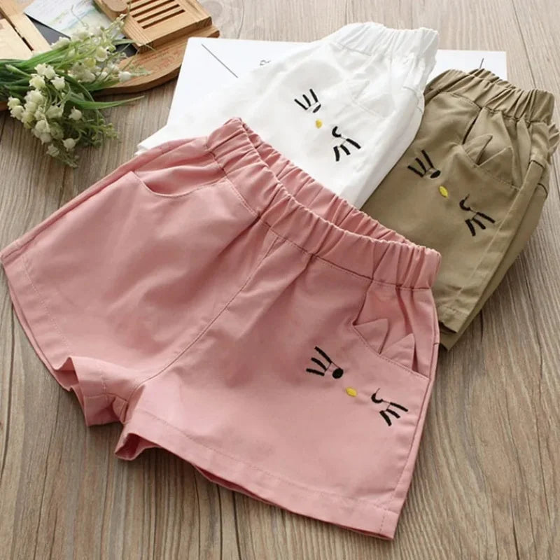 2024 New 2 3 4 6 8 9 10 12 Years Children Fashion Cotton Embroidery Cartoon Solid Color Cotton Summer Kids Baby Girls Shorts