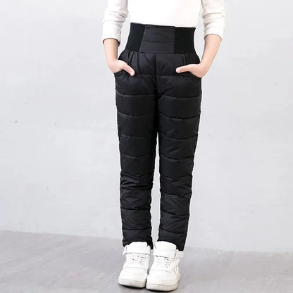 Casual Girl Boy Winter Pants Cotton Padded Thick Warm Trousers Waterproof Ski Bootcuts Elastic High Waisted Baby Kid Leggings