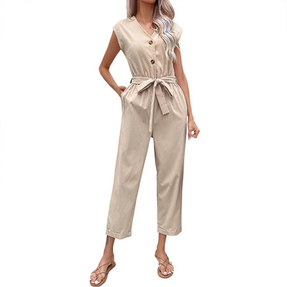 Summer Fashion Short Sleeve Jumpsuit Women Loose Cropped Pants Jumpsuit Women's Solid Color Casual V-neck Jumpsuit vestidos para