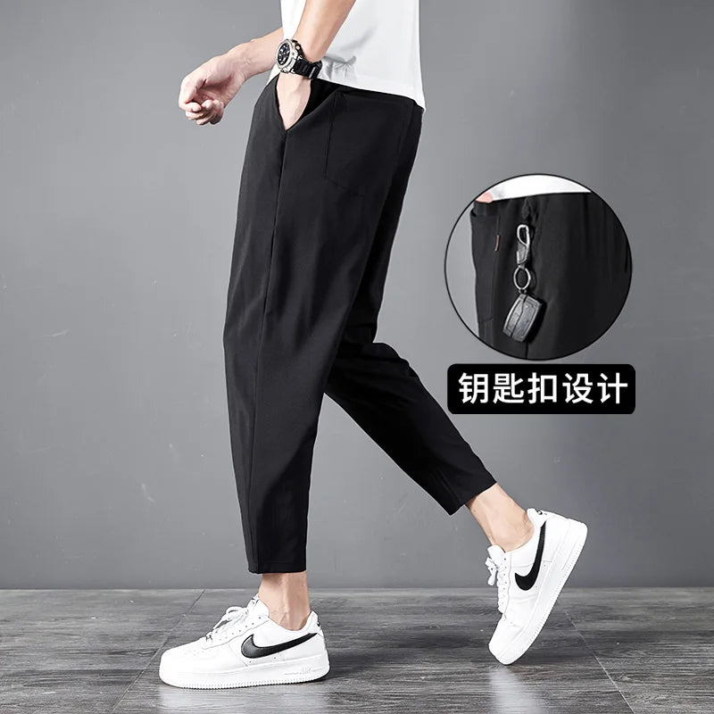 NASS GRSS Spring and Autumn Four sided Elastic Summer Breathable Ice Silk Elastic cropped pants for men with flat mouth, quick d