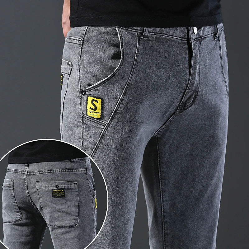 2024 New Fashion Jeans Men Korean Style Straight Grey Middle  Waist Pants Male Casual Denim Trousers