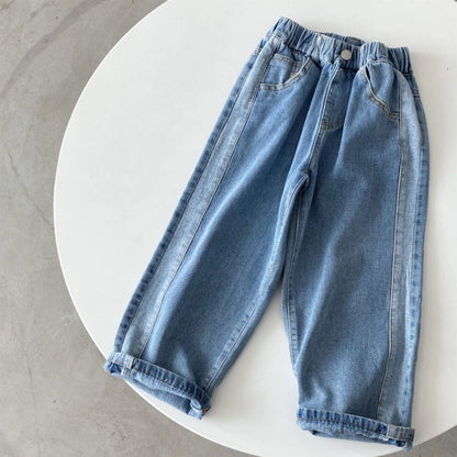 2024 Autumn New Kids jeans Contrast color side edges Boys straight denim Trousers Girls loose casual pants