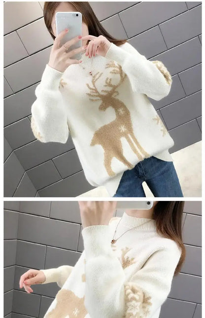 WTEMPO Christmas Loose Knitted Sweaters For Women Pullover Autumn Winter Warm Casual Knitwear All Match Soft T-shirts Female