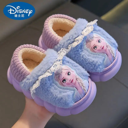 Disney Princess Elsa Frozen Slippers for Girls in Autumn Winter Indoor Warmth Non slip Children's Plush Cotton Blue Purple Shoes