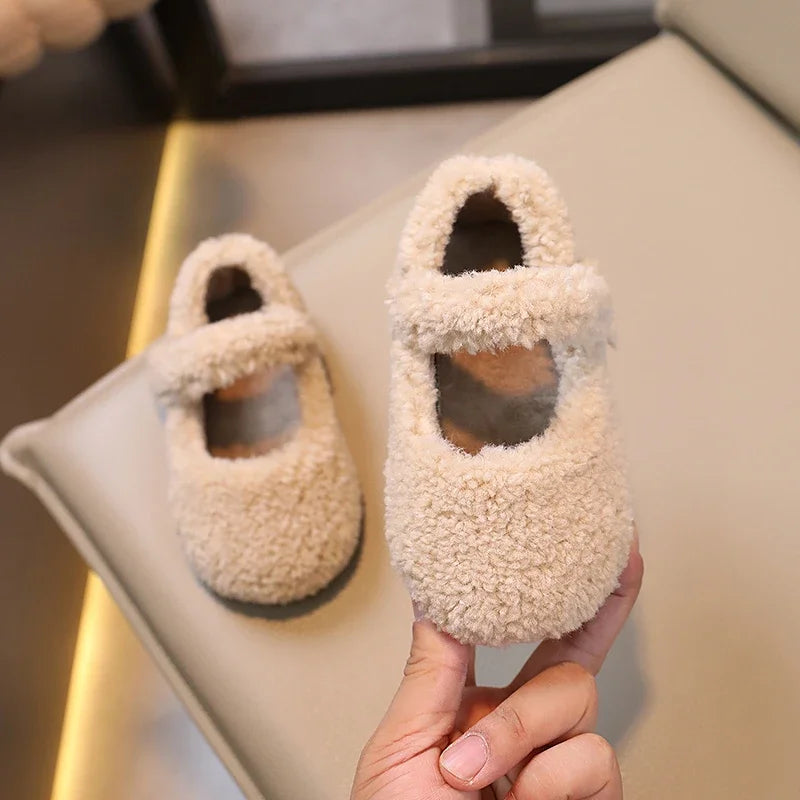 Winter New Children Flat Shoes Fur Cover Toe Light Warm Kids Casual Shoe 2024 Plush Warm Non-slip Leisure Comfy Boys Girls Shoe