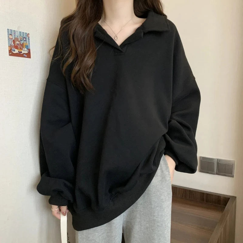 New Polo Neck Loose Street Casual Hoodies Sweatshirts Spring Autumn Solid Lazy Style Pullovers Top Fashion Korean Women Clothing