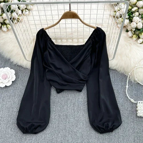 Chic Puff Long Sleeve Criss-cross Slim Blouse Korean Fashion Pleated Crop Top Sexy Shirt Hotsweet Spring Autumn Women Clothes