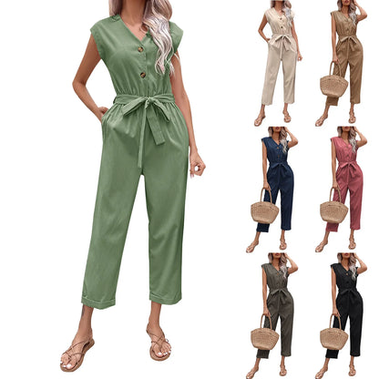 Summer Fashion Short Sleeve Jumpsuit Women Loose Cropped Pants Jumpsuit Women's Solid Color Casual V-neck Jumpsuit vestidos para