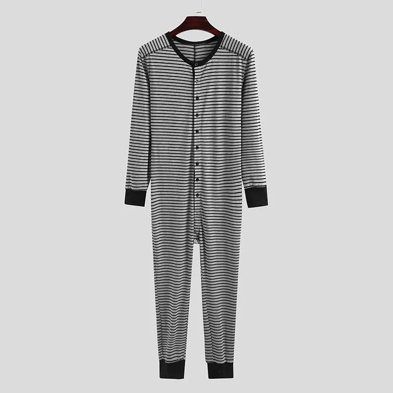 Striped One-piece Pajamas European and American Men's Tight Jumpsuit Long-sleeved 2024 Cross-border New Home Wear