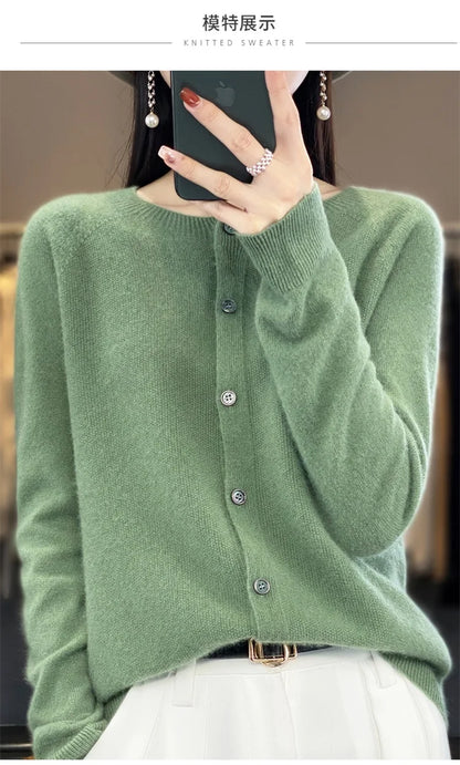 2024Spring and Autumn  New 100% pure merino cashmere sweater women's O-neck cardigan loose long-sleeved sweater top