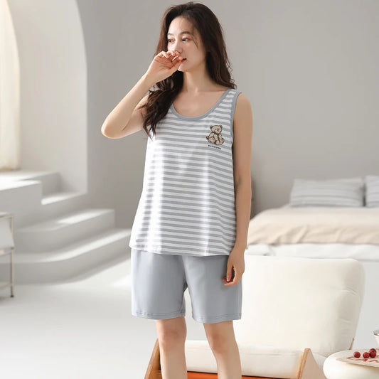 Summer Pyjamas With Chest Pad Women 100% Cotton Vest Pajamas Set Casual Soft M-4XL Ladies Sleepwear Home Clothing