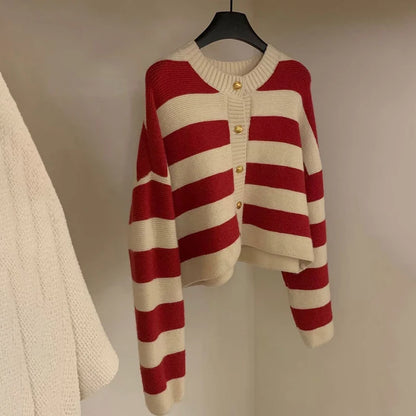 Striped Knitted Cardigans Women 2023 Autumn Winter Button Up Loose Cardigan Sweaters Woman Korean Style Long Sleeve Knitwear