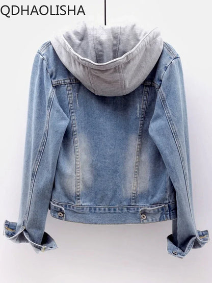 Women's Jacket Denim Coat New in Korean Fashion Slim Versatile Long Sleeve Top Hooded Short Denim Jacket Winter Woman Clothing