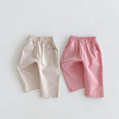 Kids Autumn Casual Pants Children Solid Elastic Waist Trousers Girls Sweet Pink Soft Loose Pants