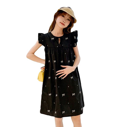 Flying Sleeve O-neck Maternity A-Line Dress Black Elegant Pregnat Woman Loose Dress with White Patterns Fashion Pregnancy Dress