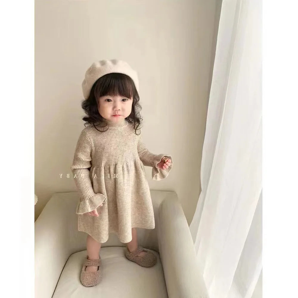 Girls Casual Dresses Children Clothing Woolen Yarn Skirt Girls Winter New Knitting Long Sleeved Korean Baby Underlay