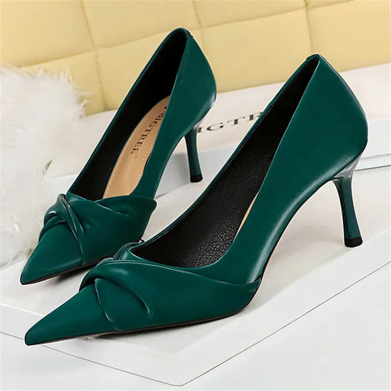 Women 7cm 10cm High Heels Pumps Lady Party Green Stiletto Bow Knot Middle Low Heels Wedding Bridal Party Fashion Elegant Shoes