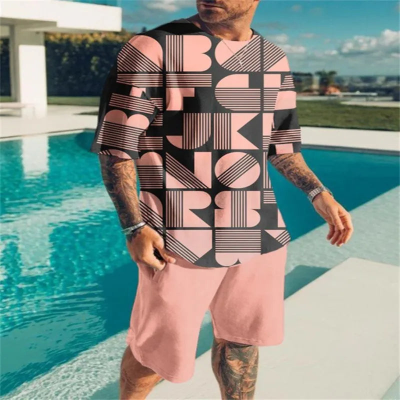 Summer Beach Men's Tshirt Set 3D Print Geometric Pattern Men Woman Round Neck T-Shirt Shorts Two Piece Set Casual Man Clothing