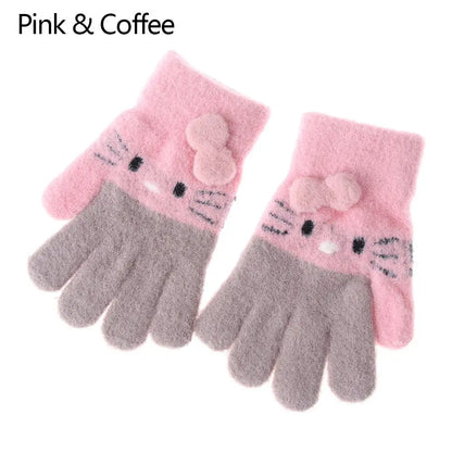 Cute Cat Design Kids Gloves Full Fingers Knitted Gloves Boys And Girls Winter Warm Mittens for 4-10 Years Kids