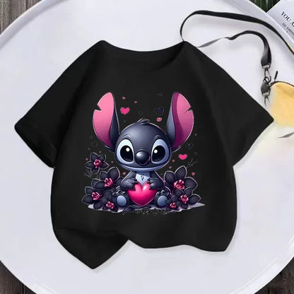 Disney Kids kawaii Clothing T-shirt Teen Playful Stitch Print Comfy crew neck Top Boys Girls Casual short sleeve