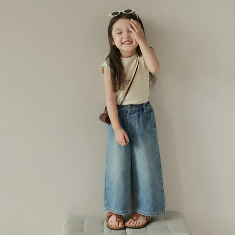 Kids High Waist Wide-Leg Jeans for 3-8Y Girls Solid Multi-Pocket Elastic Waist Jeans Casual Fashion Kids Denim Trousers