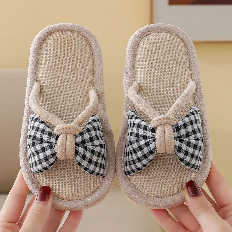 Children Linen Slippers Korean Bow Open Toe Girls Shoes Spring Summer Comfort Soft Sole Home Shoes Indoor Non-slip Floor Slipper