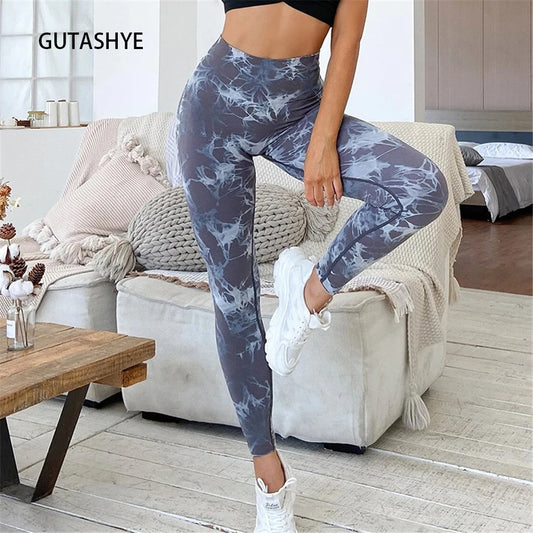 Gutashye Tie Dye Sport Leggings Women Gym Yoga Seamless Pants Sportswear Clothes Stretchy Hip Fitness Legging Activewear