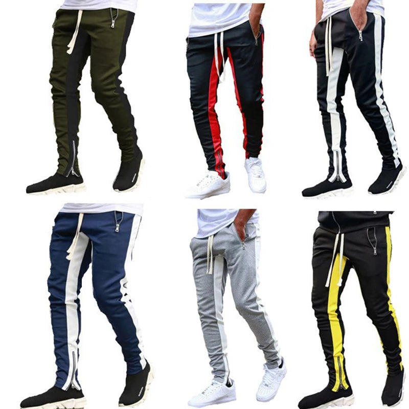 2024 New Sports Casual Pants Low Feet Zip Pocket Cotton Summer Pants Casual Men's Sports Pants Running Pants Splice Stripe Gym