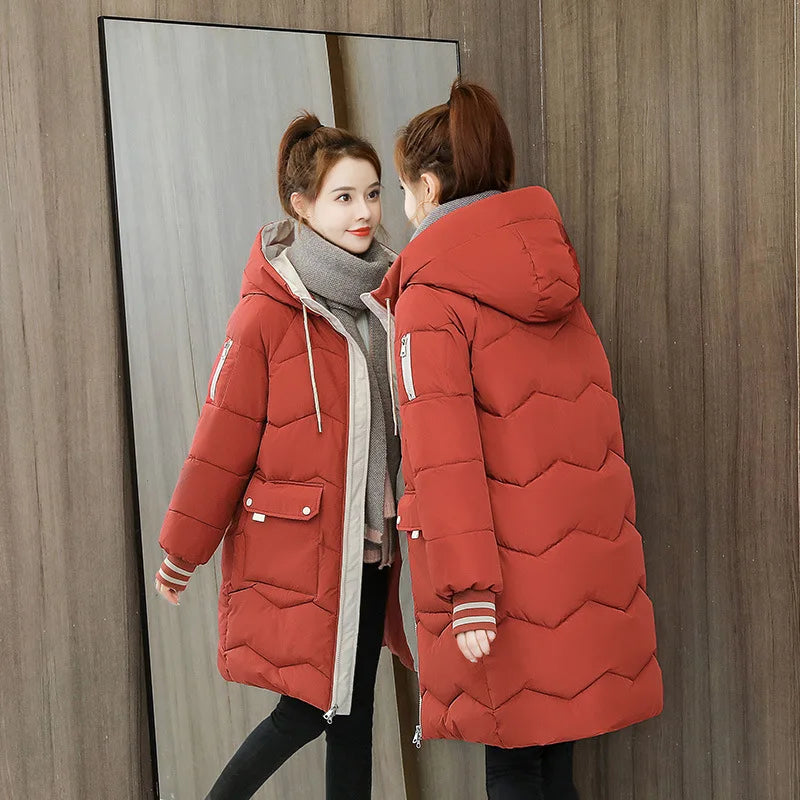 Parkas Cotton Jacket Trendy Women Coats Korean Version Loose Fit Thick Topcoat Autumn Winter Hooded Knee Overcoat Outdoor 2024