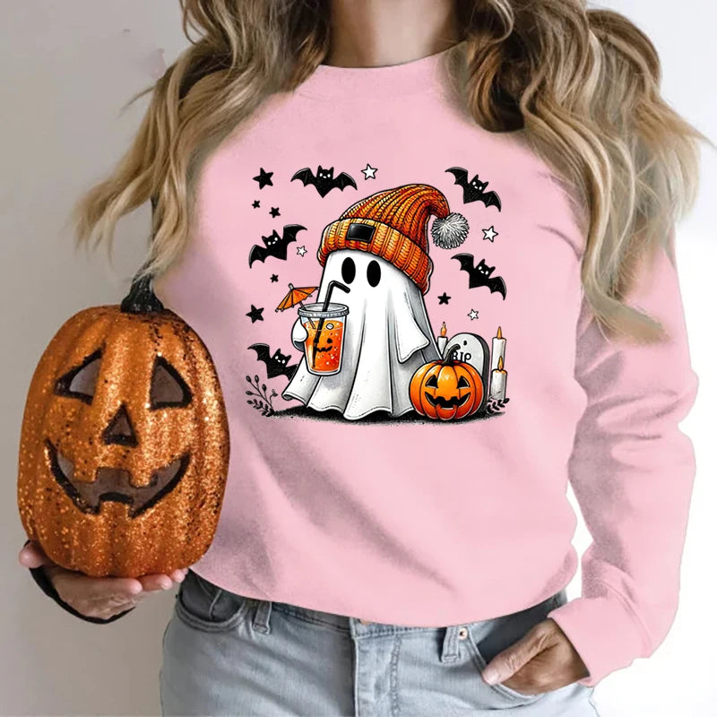 New Women's Sweatshirt Halloween Ghost Pumpkin Bat Print Round Neck Pullovers Ladies Autumn Winter Casual Halloween Sweatshirt