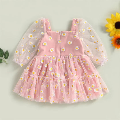 Fashion Spring Autumn Baby Girl Princess A-Line Dress Elegant Daisy Print Long Sleeves Mesh Tulle Party Dress for Toddler