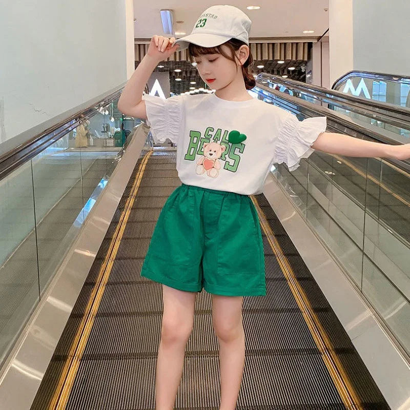 Girls Suit Puff Short Sleeves + Pink Shorts Summer Clothes 2024 New Korean Style Fashion Simple Outer Clothes 2-piece Set