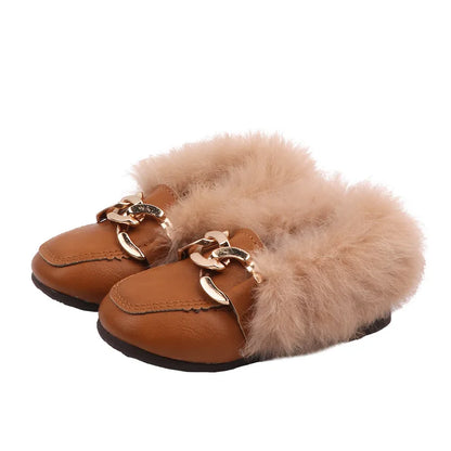 Luxury brand kid fur slippers boot retro antislip cotton shoe boy loafers winter plush kid shoe warm home shoe fashion girl shoe