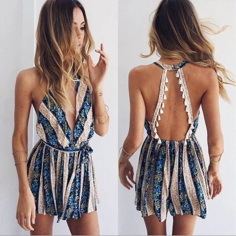 Bohemian Style Playsuit Floral Print Sexy Rompers Short Overalls Top Macacao Feminino Women Clothes Casual Summer Beach Jumpsuit