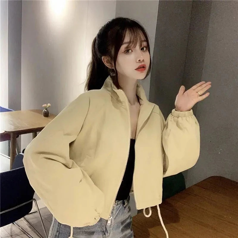 Vintage Baseball Jacket Women Korean Zipper Soild Drawstring Sexy Cropped Tops Harajuku Y2K Pocket Loose Casual Female Outwear