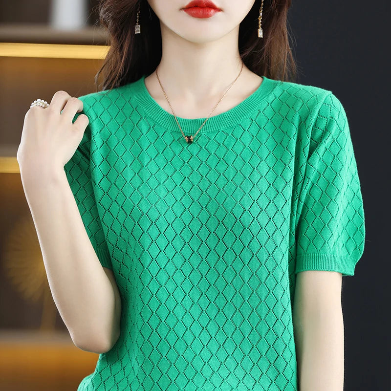 100% cotton women's short-sleeved T-shirt summer new round neck loose pullover casual hollow-out knitted half-sleeved T-shirt