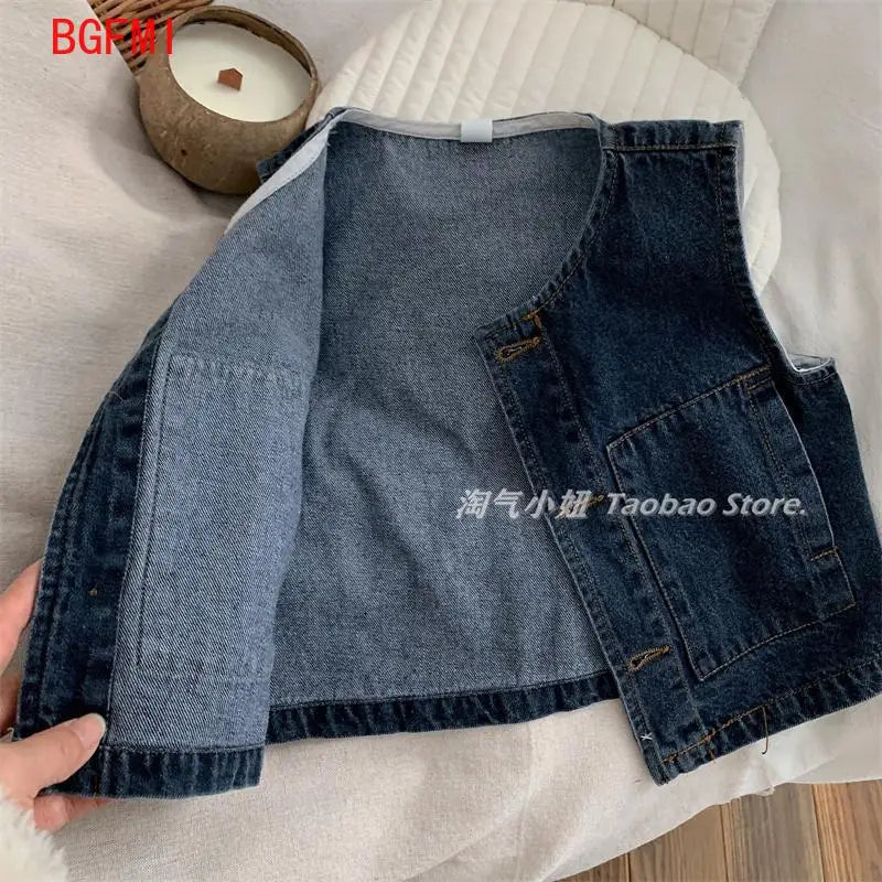 2024 Korean 2-7 Year Spring Children Boys Denim Vest Sleeveless Single Breasted V Neck Kid Boys Coat Cotton Thin Baby Boys Vest