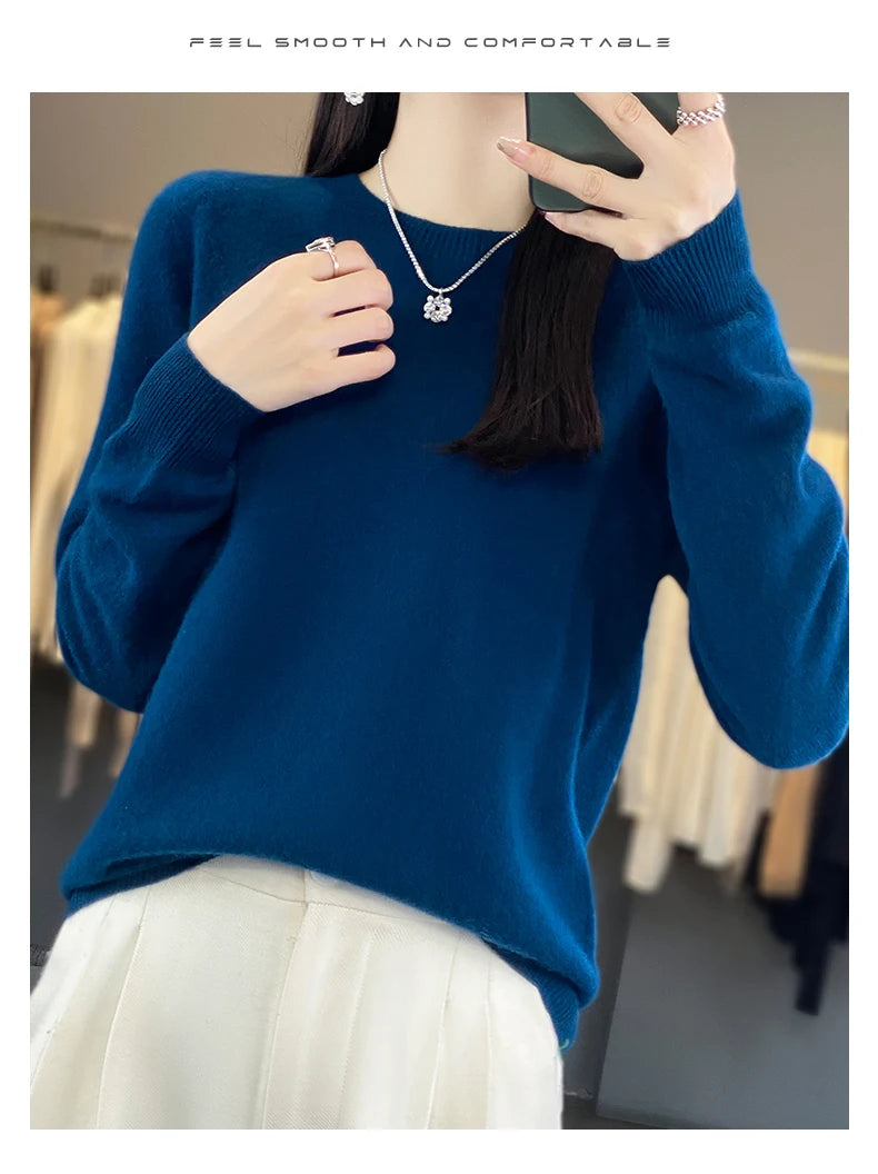 Women 100% Pure Merino Wool Knitted Sweater Autumn Winter Fashion O-Neck Pullover Seamless Jumper Tops Cashmere Warm Clothes