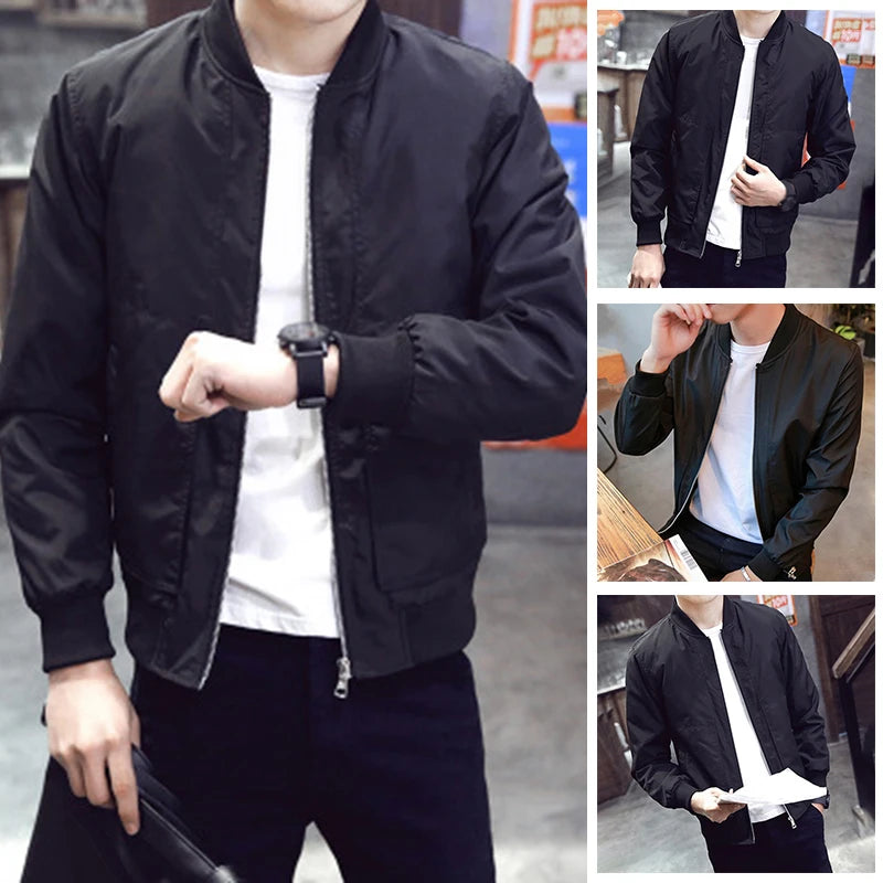 Fashion Zip Jacket Tops Slim Fit Solid Black Stand Collar Long Sleeve Casual Pilot Baseball Jackets Coat Male Clothing For Men