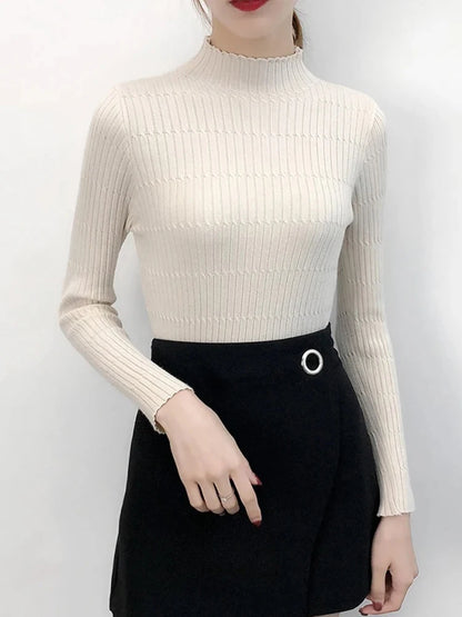 Turtleneck Knitted Sweater Female Simple Pullovers Ladies Top Fashion Women Sweaters Korean Jumper Stripe Solid Tops