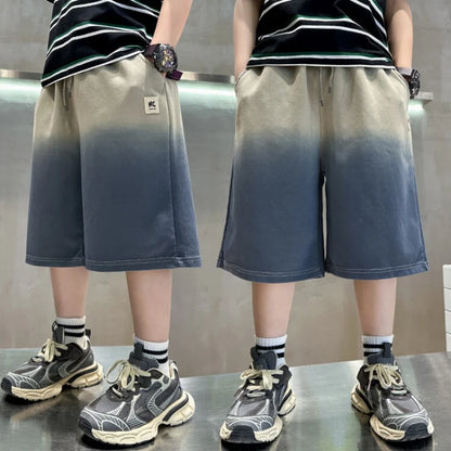 Summer Boys Loose Straight Casual Shorts Fashion Gradient Cotton Wide Leg Fifth Pants Kids Clothing Everyday Joker Pants 6-15y