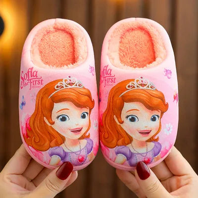 Disney Princess Sofia Elsa Winter Children's Cotton Slippers Girl's Parent-child Snow Non Slip Warm Baby Slippers Size 24-39