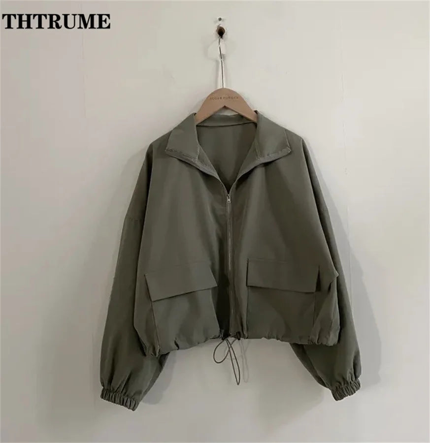 Autumn Winter Chic Jacket Fashion Women Protection Windproof Vintage High Street Coats Casual Baseball Drawstring Outwear Coat