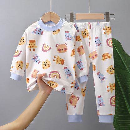 2024 Ins Autumn Children Boys 2PCS Pajamas Set Pure Cotton Warm Full Printed Stretch Kids Girls Sleepwears Toddler Girl Homewear