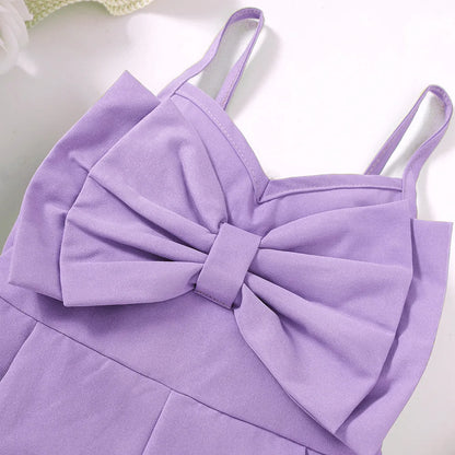 New Girls' Summer Solid Strap Bow Short Jumpsuit for Primary and Secondary School Children