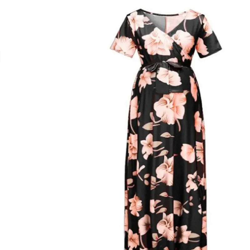 Ladies' Summer Dress Floral Print Sexy Short-sleeved Maternity Dress with V-neck Comfortable Breathable For Pregnant Women