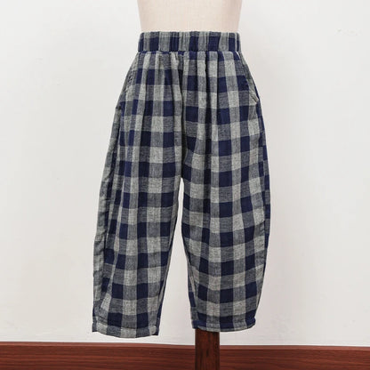 Children's Retro Blue Plaid Trousers 2024 Spring Autumn New Korean Boys And Girls Double-Layer Cotton Casual Harem Pants WTP121